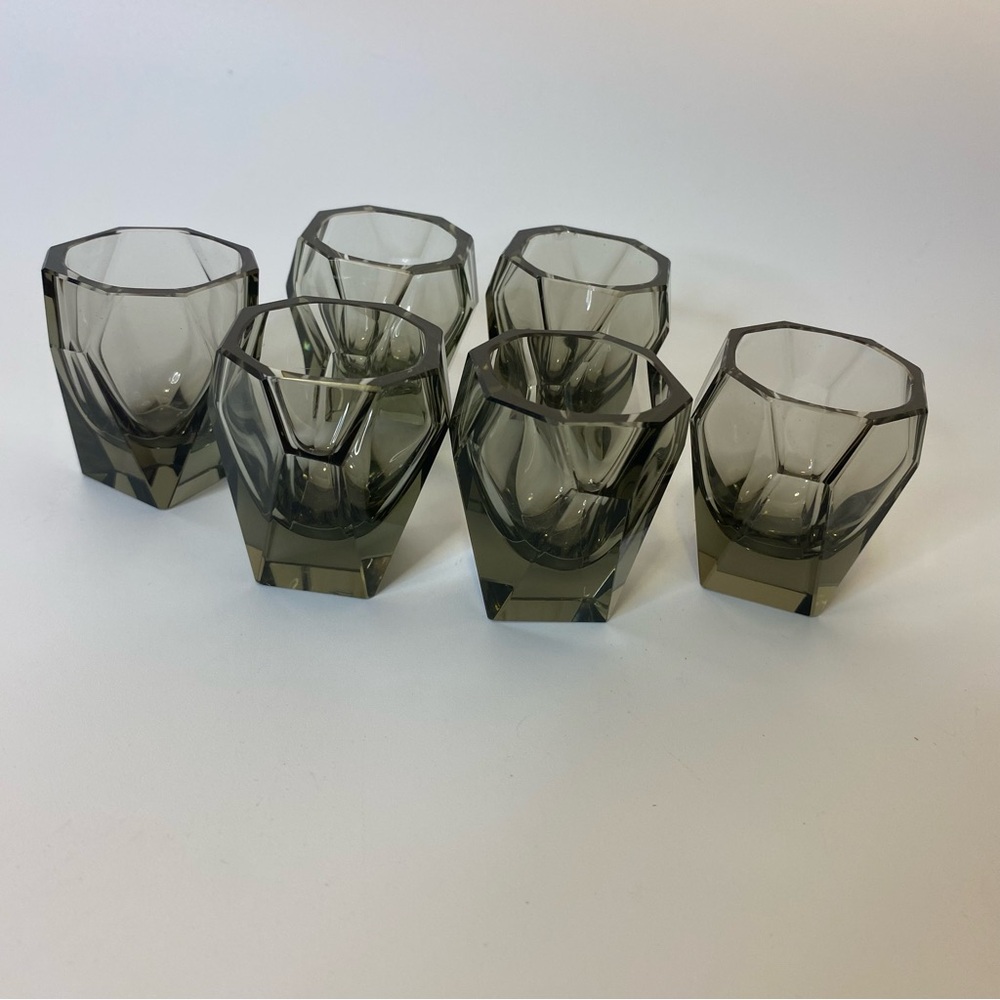 1950 Vintage Art Deco Set of 6 Smoke Gray Geometric Shot Glasses